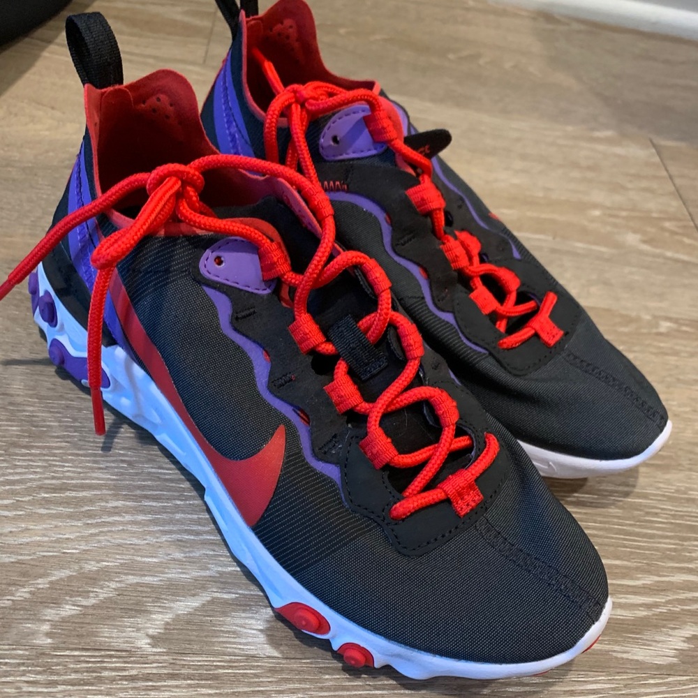 Black, red and purple Nike react running shoes